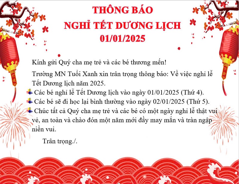 THÔNG BÁO VỀ VIỆC NGHỈ TẾT DƯƠNG LỊCH 01/01/2025.