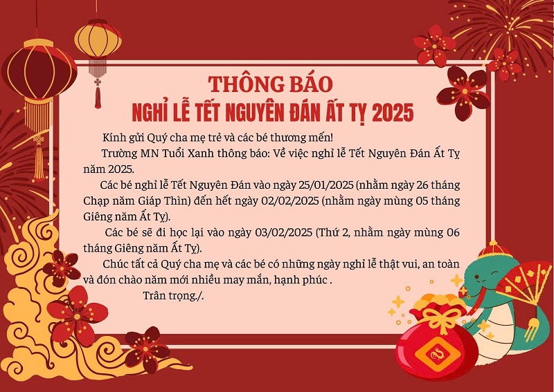 THÔNG BÁO NGHỈ TẾT NGUYÊN ĐÁN 2025